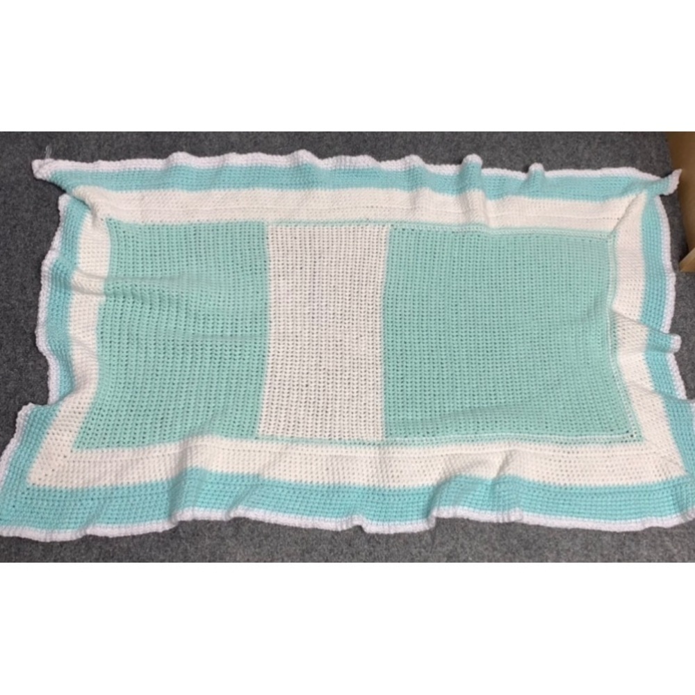 Crochet Afghan Throw Blanket 44" X 24" Handmade Ivory White Green Blue